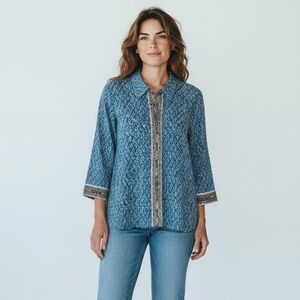 Sigrid Olsen Sport Blue Floral Button Down Shirt Contrast Trim Lightweight M